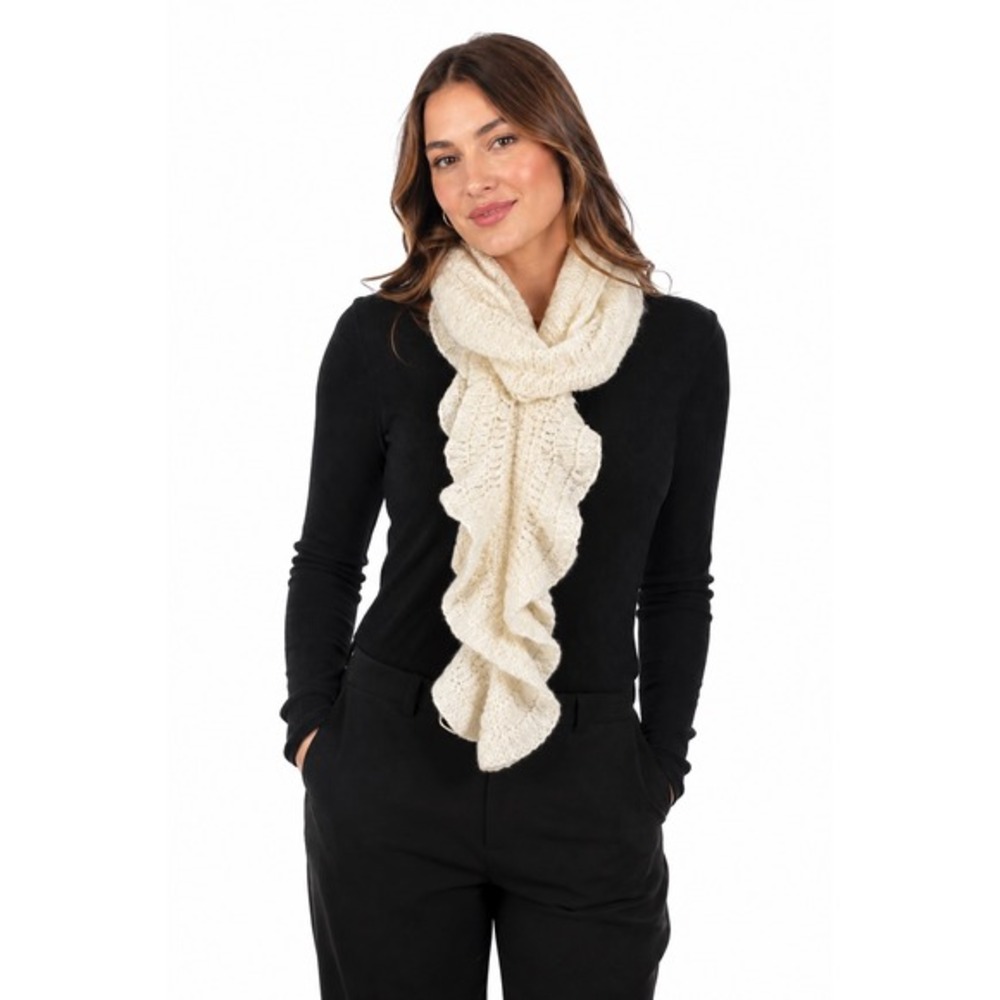 Cream White Ruffle Crochet Knit Scarf Soft Spiral Wavy Acrylic Winter Wrap 67-00